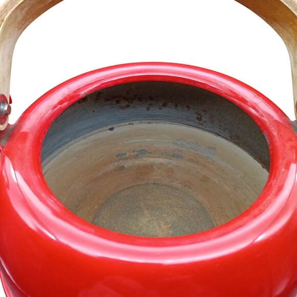 Vintage Red Enamel Tea Kettle With Wooden Handle & Lid Knob - Picture 3 of 4